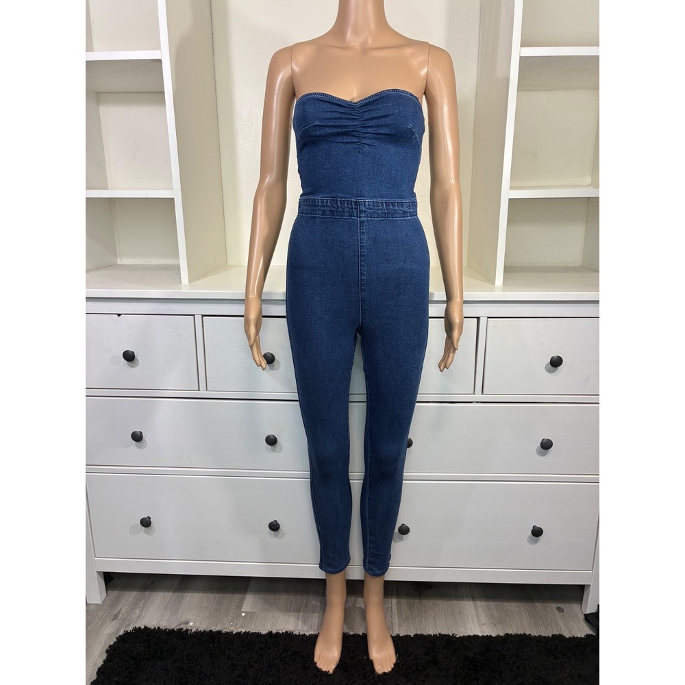 Womens‎ Strapless Denim Jumpsuit Dark Wash Skinny Leg Blue XS